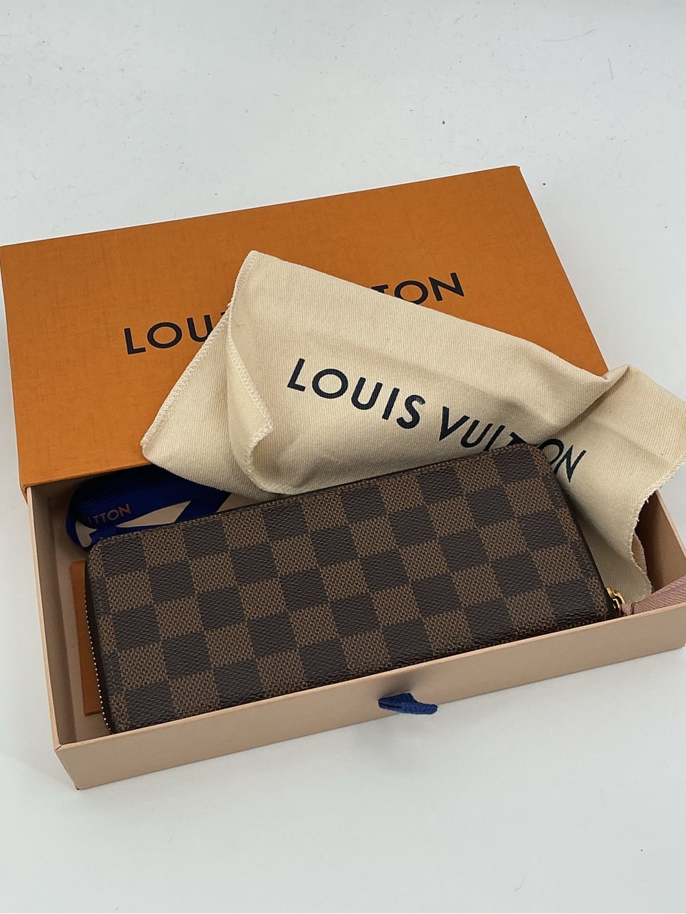 Louis Vuitton Damier Ebene Clemence Wallet Rose Ballerine Box Dust Bag
